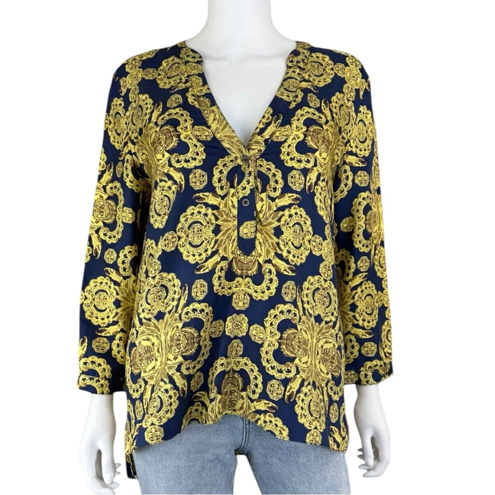 tibi Navy 100% Silk Print Blouse Size 10